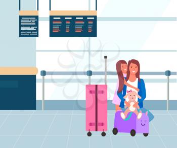 Flight and departure, family at airport, baggage or luggage vector. Mother and daughter with suitcases, summer vacation or holidays, traveling and tourism. Flat cartoon