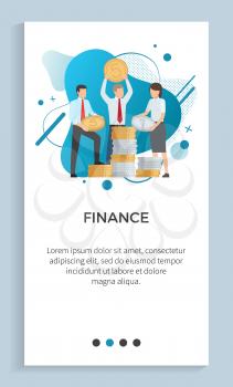 Man and woman workers holding coins, finance teamwork strategy, deposit or invest, employee with money, currency decoration, liquid shape vector. Website or app slider, landing page flat style