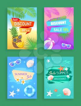 Best discount offer, summer sale, vector shaped ribbon. Sun glasses, inflatable ring, beach ball, pineapple and flower, shell and star, palm leaves