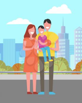 Mother, father and son with ball in hands spend time together in city park. Vector happy family and child on background of cityscape with buildings and trees. Flat cartoon