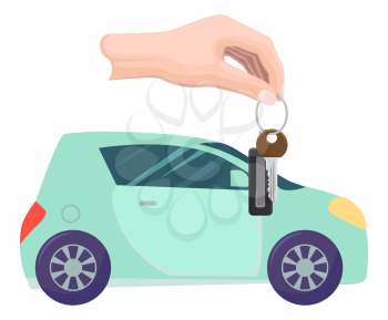 Car bought by character vector, hand with keys. Property transportation flat style. Automobile of modern type, owner with transport automotive sport. Buy new car. Flat cartoon