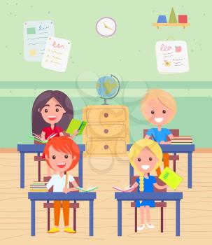 Pupils at lesson vector, classroom with kids sitting by tables. Education in school, classmates with books and notebooks globe on shelf. Geography learning. Back to school concept. Flat cartoon