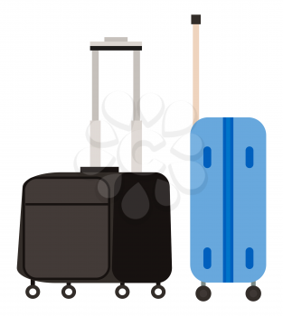 Suitcase on wheels, isolated object vector. Baggage or luggage, summer vacations abroad, journey or trip, leather bag with handle, pockets on zipper. Journey package, business travel bag. Flat cartoon