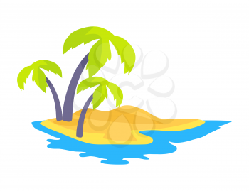 Seashore with growing coconut palm trees. Seaside scenery and hot sand washed by sea water. Tropical evergreen woods isolated on vector illustration