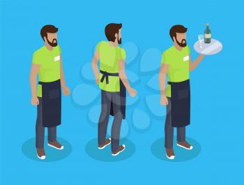 Waiter in uniform, working concept vector icons. Bearded man in black apron with tray full of food in hand, different angles, steward cartoon badges