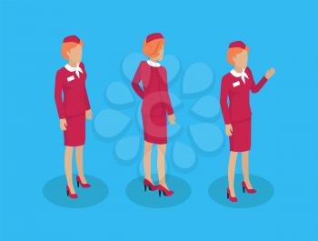 Fly attendant stewardess set of icons constructor. Air hostess in red uniform. Lady with badge on jacket welcoming and gesturing isolated on vector