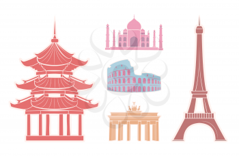 World sights travel stickers set. Indian Taj mahal, Roman Colosseum, German Triumphal arch, Paris Eiffel Tower, Chinese temple vector illustrations.