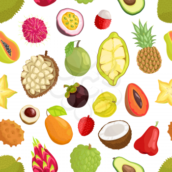 Avocado and cupuacu, salak and kumquat, lychee and bael, papaya and mango, carambola and pineapple, guava vector seamless pattern of tropical fruits