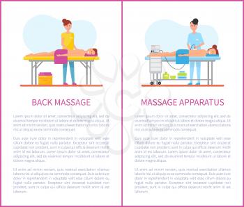 Back massage and apparatus machine posters with text sample vector. Masseuses using lotions and special equipments for skin care of male and female