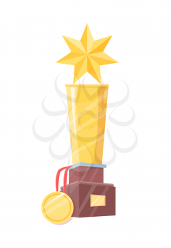 Gold winner statuette and medal with ribbon prize on wooden holder vector illustration isolated. Champ figurine with five-pointed star on top poster.