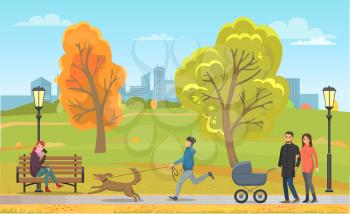 Pet with owner and family walking with pram in autumn park vector. Cityscape and view of trees with foliage, lady talking on phone, person with dog