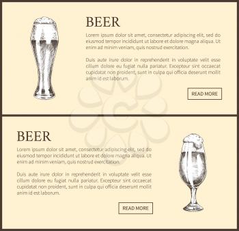 Beer objects set hand drawn vector sketches. Full tumblers with flowing foam isolated on beige vintage icons illustrations for bar menu template.