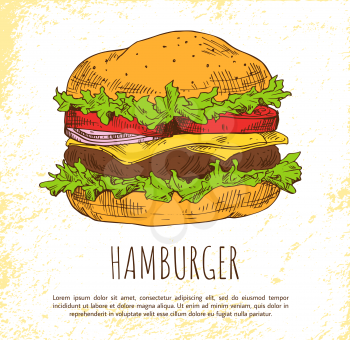 Hamburger with fresh salad and buns color banner, isolated on bright background vector illustration of snack with succulent cutlets and vegetables