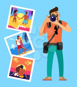 Photographer and his works pictures of merry couples resting on beach. Lovers at sunset, hugging at coastline, meeting sunrise vector memory cards