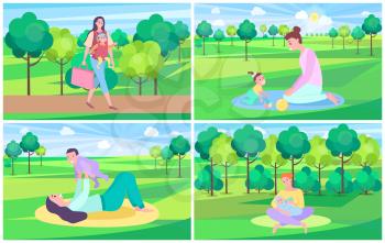 Mother with kid vector set, mom walking in forest carrying newborn child. Woman feeding baby, trees and green lawns, playing mum fair weather outdoors