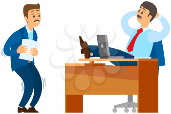 Office worker is afraid of strict boss sitting at table. Stress at work. Subordinate is afraid to submit report to chief. Employee made mistake in document and fears to confess to boss, problems