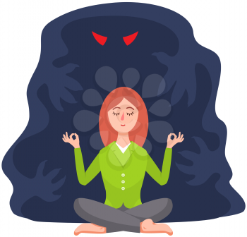Calm woman and shadow monster behind her. Fear of darkness. Female meditates near spooky ghost with angry red eyes from nightmare, character struggles with her fears, an imaginary monster shadow