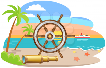 Amusing sea adventures and travel poster. Marine cruise and nautical travelling advertising placard with attributes of water travel spyglass and ship captains steering wheel on sandy shore with palms