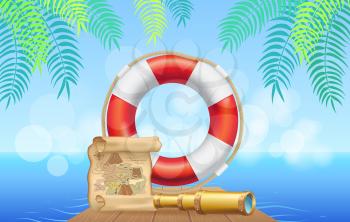 Marine inventory on tropical background. Lifebuoy, treasure map and spyglass for being at sea. Pirate equipment, nautical design items. Inflatable lifebuoy near pirate items vector illustration