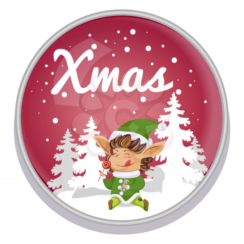 Xmas greeting postcard in round shape decorated by snowflakes. Elf cartoon character eating candy in snowy forest. Christmas holiday card with funny helper sitting with sweet near fir-trees vector