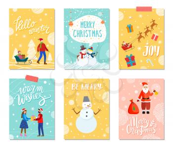Merry christmas celebration of winter holidays. Greeting cards with characters. Santa Claus with presents and snowman. Dad with kid on sled, couple with gifts. Reindeers with carriage vector