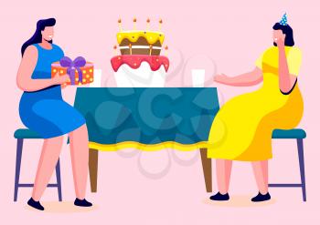 Birthday party celebration of friends. Woman giving present in box for lady sitting by table with cake. Bakery with lit candles. Female character wearing paper cap and drinking beverage vector
