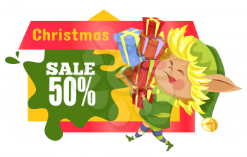Christmas sale 50 percent discount poster with elf cartoon character carrying gift box. Shopping label special promotion and fairy helper holding present. Winter holiday card with Xmas hero vector