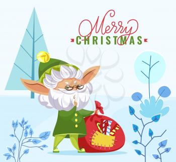 Merry christmas and happy new year caption. Old elf hold sack with gifts on meadow. Xmas greeting postcard. Beautiful landscape, fir trees and other plants. Vector illustration in flat style