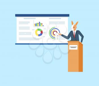 Hipster animal vector, speaker standing by whiteboard showing information in visual representation, kangaroo wearing suit formal wear pointing on info