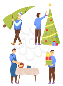 Man preparing for Christmas vector, isolated characters at home. Male carrying bought pine tree. Person decorating fir with baubles and garlands. Dad cooking dishes and holding presents for family