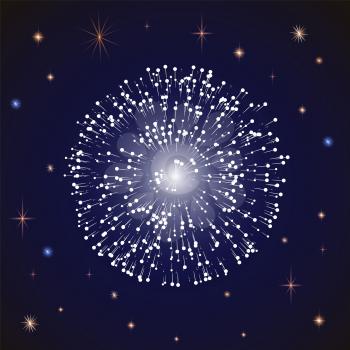 Festival decoration with bright colors. Fireworks and pyrotechnics for holidays celebration. New Year and Christmas party. Sky with stars, abstract shapes glowing in dark. Vector in flat style
