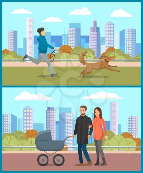 People walking in urban park, man and woman going with stroller, person running with dog. Parents with pram on street, male with pet, city vector. Autumn park