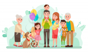 People spending time together vector, family unity. Mother and father with son and daughter, grandmother and grandson. Grandfather and pet dog cat. Family weekend in park