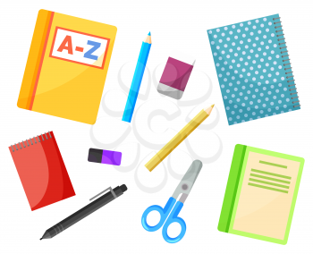School textbook and copybook, stationery supplies vector. Alphabet book and notebook, pencil and pen, eraser and scissors, notepad isolated objects. Back to school concept. Flat cartoon