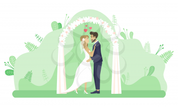 Man and woman standing by arch decorated for wedding vector, marriage ceremony. Couple in love kissing in park, foliage and flora, hearts romantic feelings