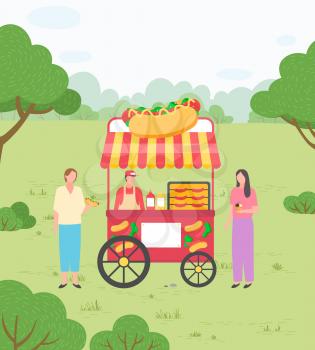 Women buying sausage outdoor, trolley with fastfood. Harvest festival in park, seller man with sandwich transport, vendor with food, eating vector. Funny spending time on harvest festival