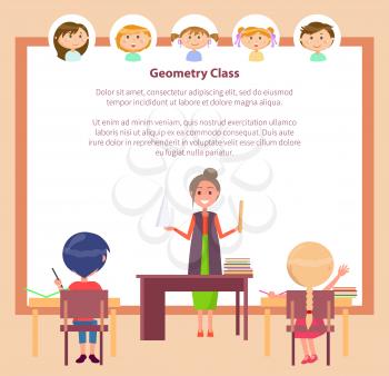 School education, geometry class and subject teacher vector. Pupils at desk and woman with ruler and cone model, knowledge and learning, boys and girls. Back to school concept. Flat cartoon