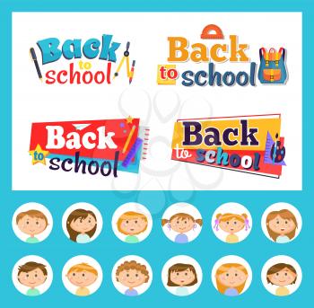 Stationery and pupils or students, back to school emblems vector. Divider and pen, ruler and backpack, pencil and paintbrush, palette and paper plane. Back to school concept. Flat cartoon