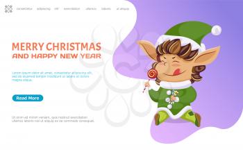 Merry christmas and new year celebration, cute kid with lollipop on stick. Elf with candy eating sweets. Dwarf wearing traditional costume. Website or webpage template, landing page, vector in flat