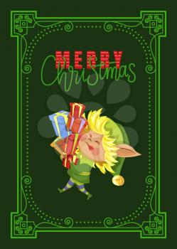 Merry Christmas with elf character carrying presents. Winter holiday greeting card decorated by Xmas hero with colorful gifts in frame in green color. New Year funny gnome holding festive boxes vector
