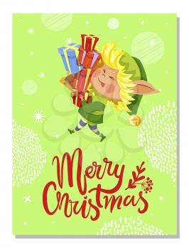 Merry Christmas greeting card with elf character carrying presents. Winter holiday postcard decorated by snow pattern and wishes lettering. New Year message and funny gnome holding gift boxes vector