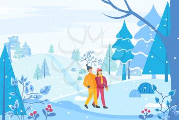 Couple walking together in winter park or forest. People hugging each other, man and woman on romantic date in snowy wood. Person with friend in warm clothes like hat and overcoat. Vector illustration