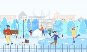 Winter activities and recreation outdoors. People figure skating on ice rink. Dad and kid sculpting snowman. Man pulling sleds with child. Park with trees and snowy ground. Vector in flat style