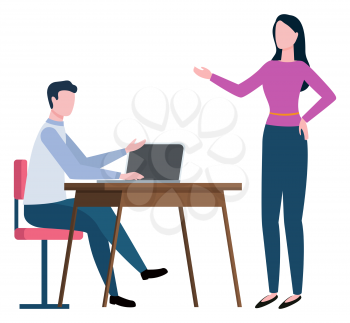 Broker collaboration or worker consultation to client on workplace. Man communication with laptop, woman speaking, company work, professional vector