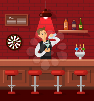 Smiling bartender pouring cocktail in glass, party entertainment. Bottles on shelf, menu board, darts game, counter bar, celebration holiday vector