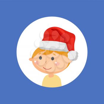 Christmas holiday and child avatar, boy in Santa hat vector. Kid in festive headdress, red textile and white fur, Xmas celebration, costume element