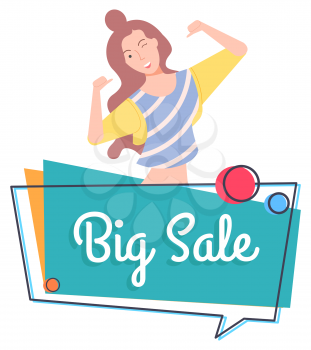 Cheerful personage vector, isolated female character winking and pointing on herself. Proposition of shop, reduction of price, sale and discount store