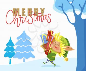 Merry christmas, greeting caption. Elf carrying boxes in hands across forest. Fairy character in green traditional costume. Packages with gifts inside. Vector illustration of wood in flat style
