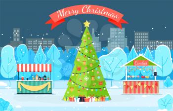 Merry Christmas greeting card with fir-tree decorated by garland in winter park. Dark view of city with traditional Xmas wood and fair tent with gift bow on snowy land near trees and buildings vector