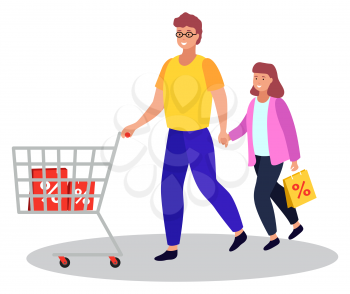 Family shopping of father and daughter. Isolated character with trolley and bags with percent sign. People at store buying products. Trolley with purchase goods. Dad and girl holding hands vector